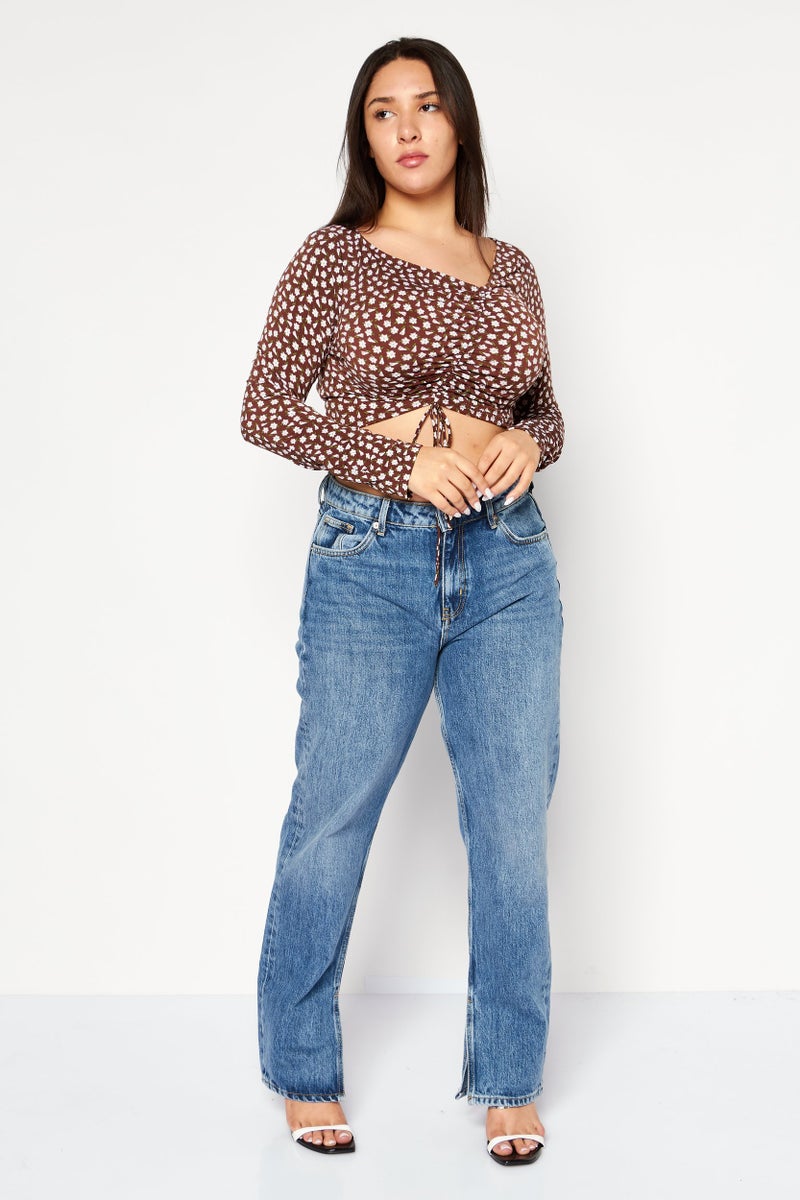 Endless Blu Women Asymmetric Neck Long Sleeves Floral Printed Blouse, Brown Combo - Image 2