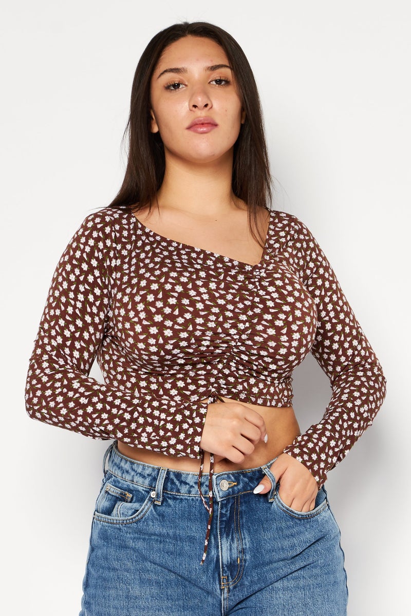 Endless Blu Women Asymmetric Neck Long Sleeves Floral Printed Blouse, Brown Combo - Image 1