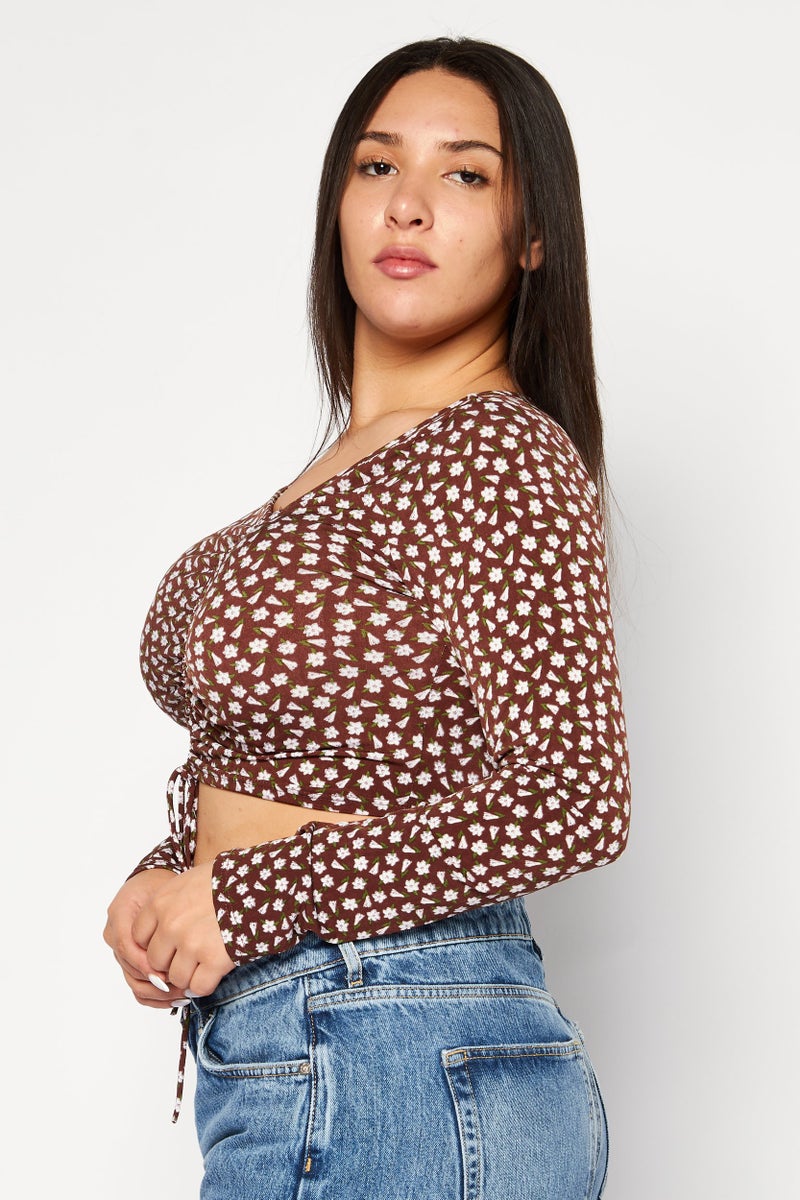Endless Blu Women Asymmetric Neck Long Sleeves Floral Printed Blouse, Brown Combo - Image 3