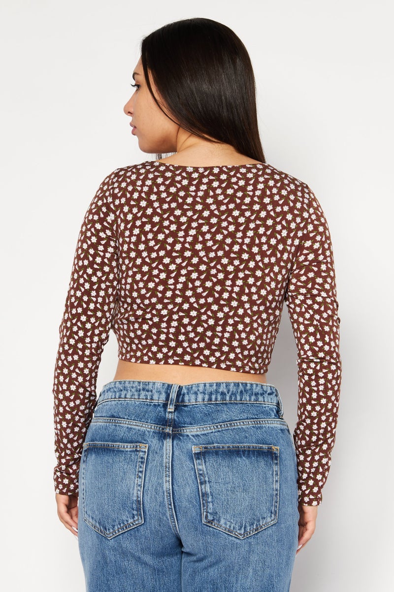 Endless Blu Women Asymmetric Neck Long Sleeves Floral Printed Blouse, Brown Combo - Image 4