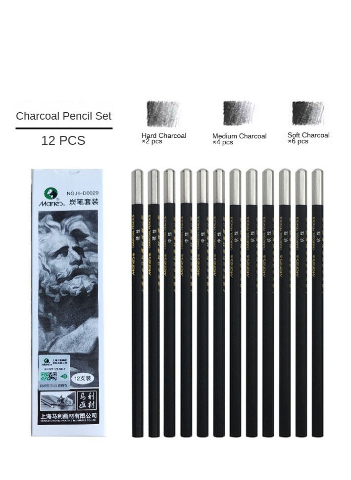 Marie's Marie's 12-Piece Sketch Pencil Set, Soft Charcoal, Medium Charcoal, Hard Charcoal 