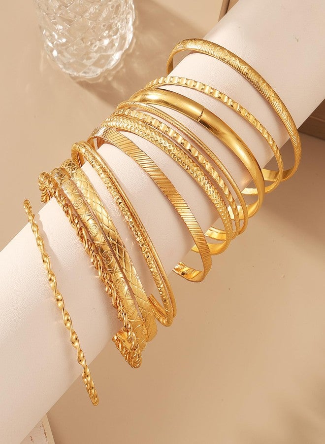 17IF 13 Pcs Gold Bangle Bracelet For Women, 14k Multilayer Charm Textured Stackable Bracelets Boho Indian Chunky Simple Cuff Fashion Jewelry Gift - Image 4