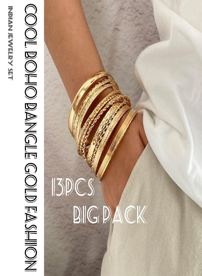 17IF 13 Pcs Gold Bangle Bracelet For Women, 14k Multilayer Charm Textured Stackable Bracelets Boho Indian Chunky Simple Cuff Fashion Jewelry Gift - Image 3