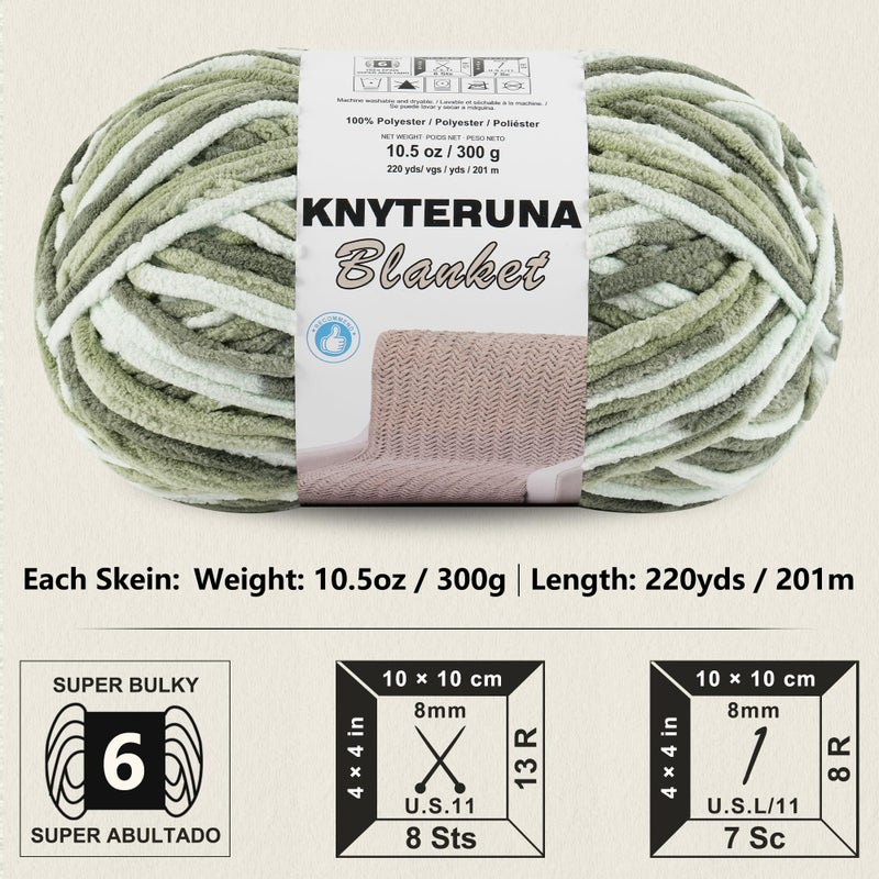 Knyteruna #6 Super Bulky Blanket Yarn for Crocheting - 4 Skeins(Each 10.5oz/300g, 220yds/201m), Chunky Chenille Thick Plush Big Soft Yarn for Crocheting Knitting Blankets, Forest & Sage & Mint - Image 2