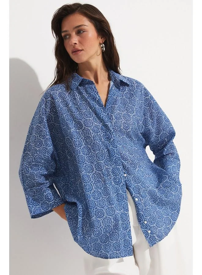 جون June Exclusive Batik Patterned Loose Cut Cotton Shirt Indigo