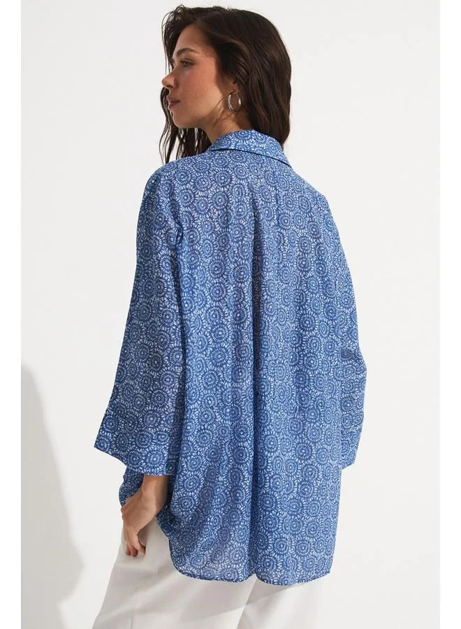 جون June Exclusive Batik Patterned Loose Cut Cotton Shirt Indigo