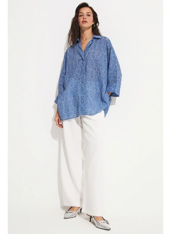 جون June Exclusive Batik Patterned Loose Cut Cotton Shirt Indigo