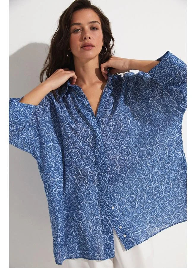 جون June Exclusive Batik Patterned Loose Cut Cotton Shirt Indigo