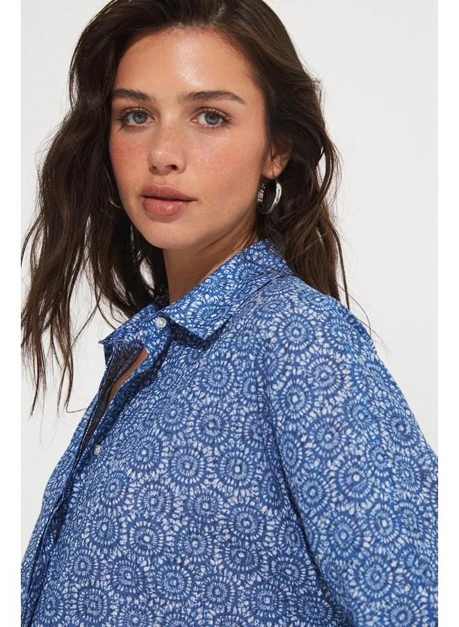 جون June Exclusive Batik Patterned Loose Cut Cotton Shirt Indigo