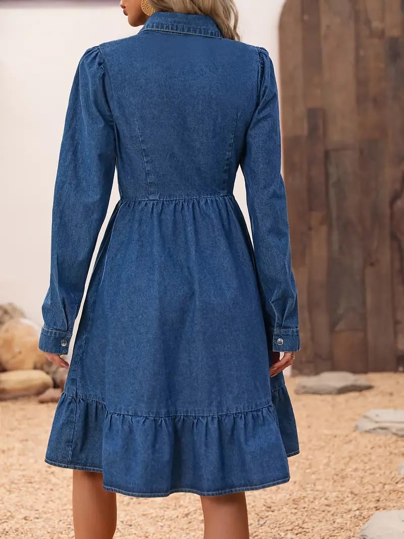 utcoco Women's Flowy Denim Dress 2025 Vacation Lapel Long Puff Sleeve Button Down A Line Swing Ruffle Jean Dress (Medium, Blue) - Image 4