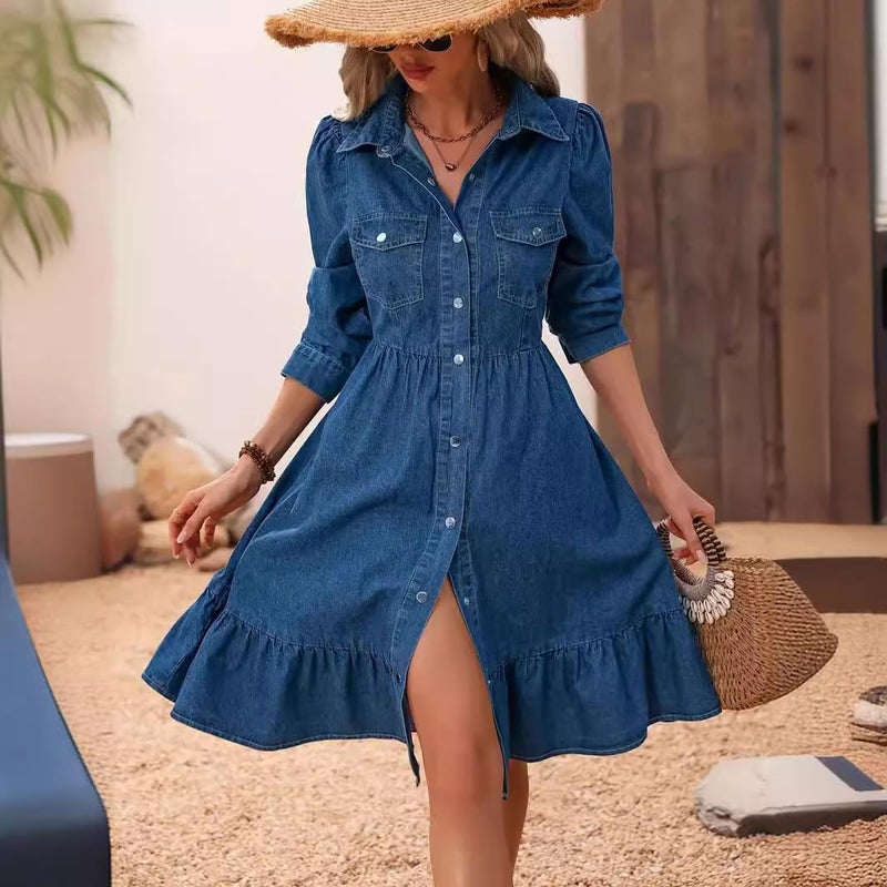 utcoco Women's Flowy Denim Dress 2025 Vacation Lapel Long Puff Sleeve Button Down A Line Swing Ruffle Jean Dress (Medium, Blue) - Image 2