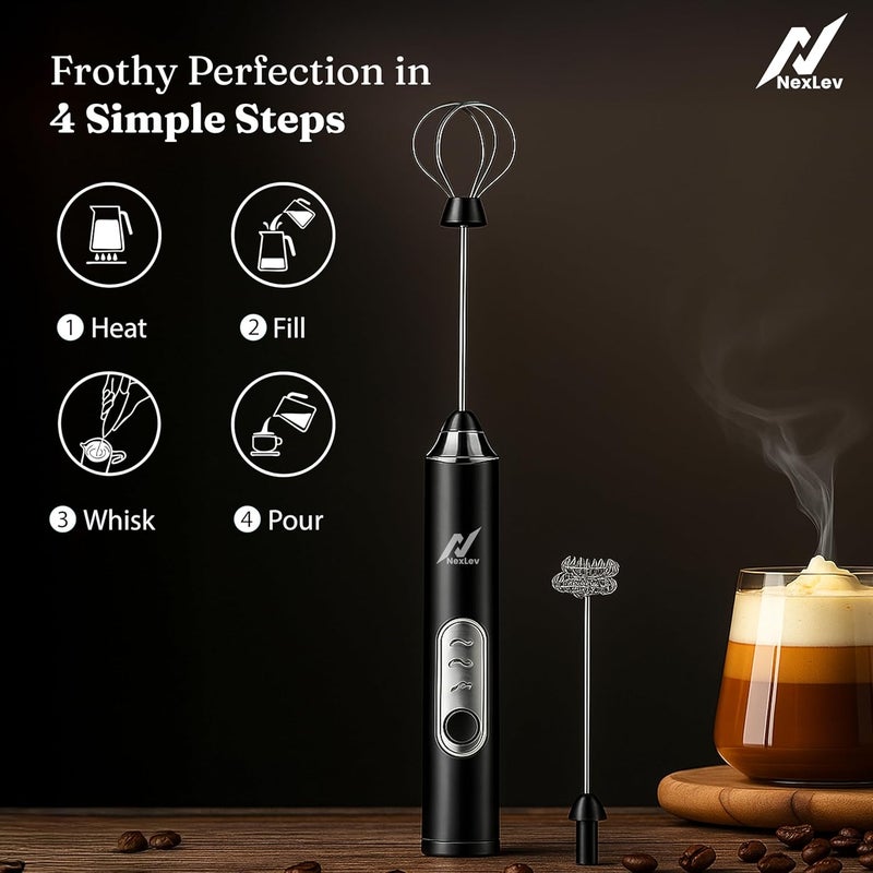 nexlev خلاط حليب قابل لإعادة الشحن وخلّاط قهوة | 3 سرعات | تقنية الربيع المزدوج من الفولاذ المقاوم للصدأ | مثالي لقهوة اللاتيه وحليب الشوكولاتة الساخنة والأومليت والكريمة | خلاط يدوي للرغوة | MF-01 - Image 4