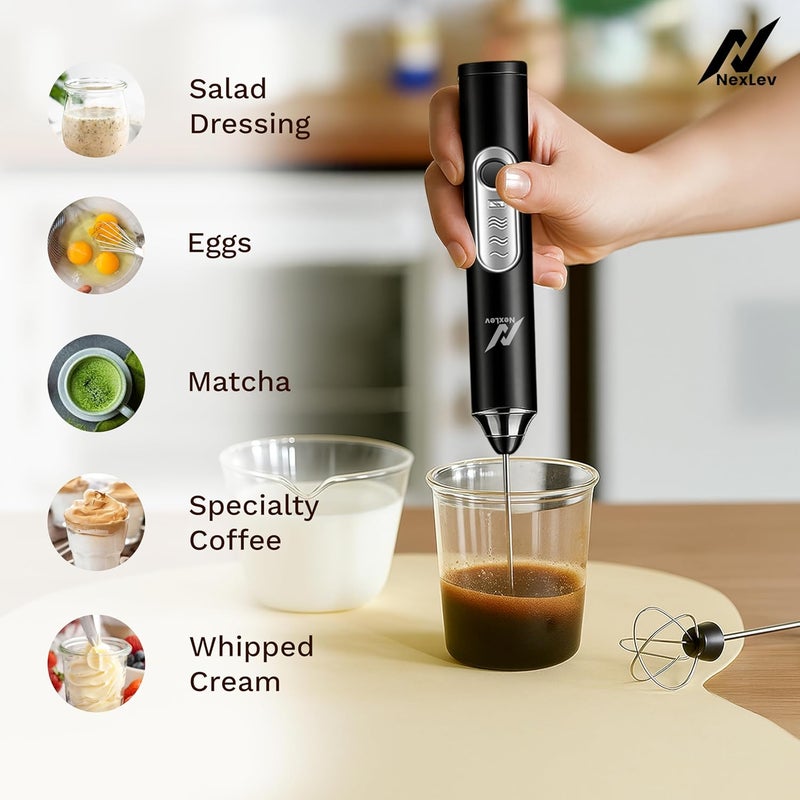 nexlev خلاط حليب قابل لإعادة الشحن وخلّاط قهوة | 3 سرعات | تقنية الربيع المزدوج من الفولاذ المقاوم للصدأ | مثالي لقهوة اللاتيه وحليب الشوكولاتة الساخنة والأومليت والكريمة | خلاط يدوي للرغوة | MF-01 - Image 2