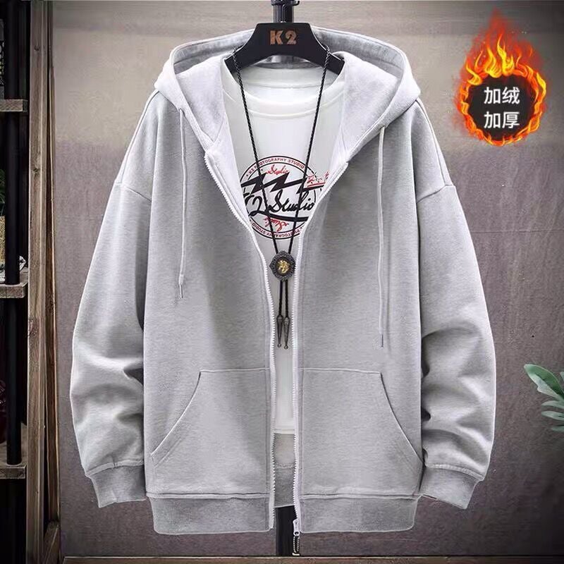 2023 Mens Oversized Fleece Hoodie Korean Trend Gray [fleece-lined]]  - Image 1