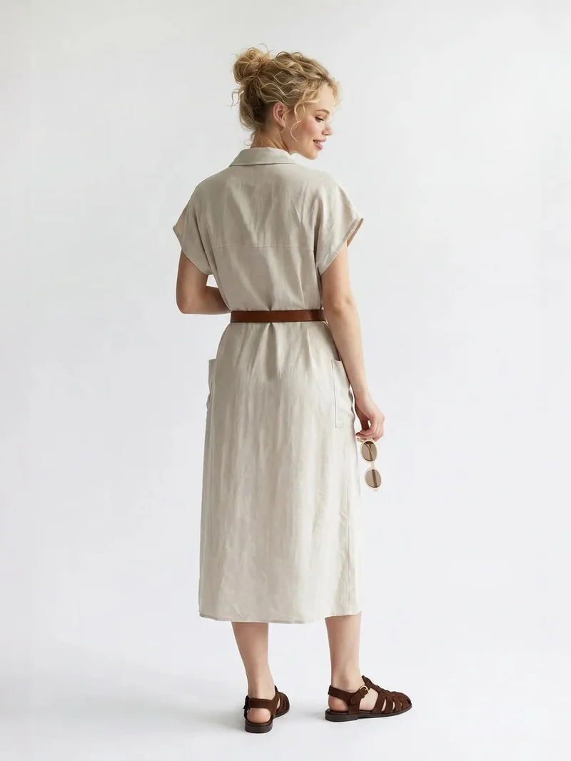Mixray Beige Natural MIXRAY Belted Midi Shirt Dress for Women | Best Price UAE