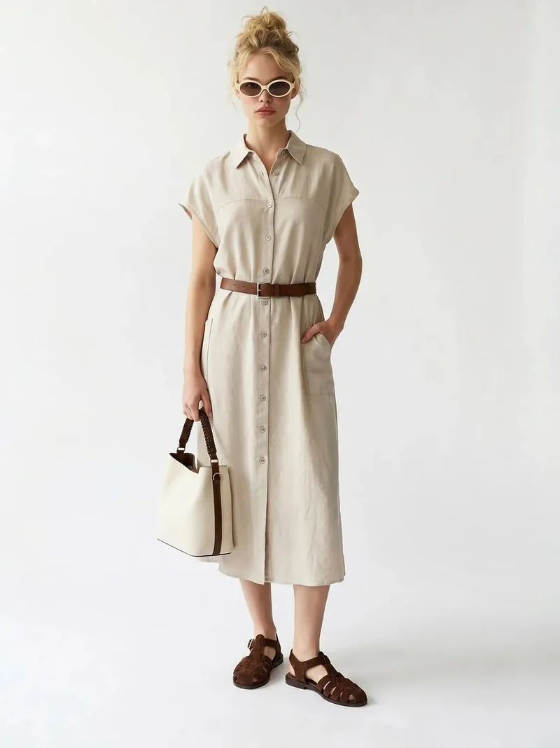 ميكسراي MIXRAY Belted Midi Shirt Dress