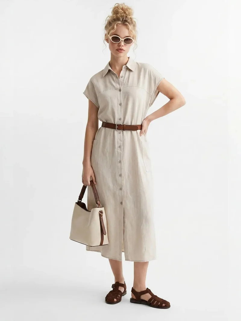 Mixray Beige Natural MIXRAY Belted Midi Shirt Dress for Women | Best Price UAE
