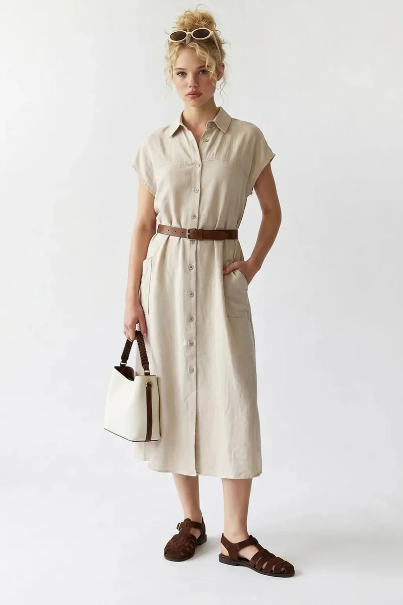 ميكسراي MIXRAY Belted Midi Shirt Dress