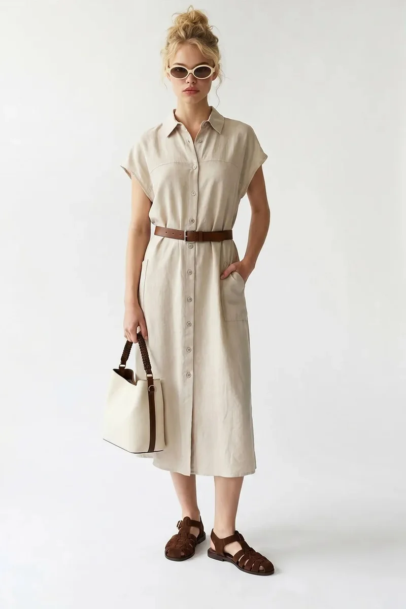 ميكسراي MIXRAY Belted Midi Shirt Dress