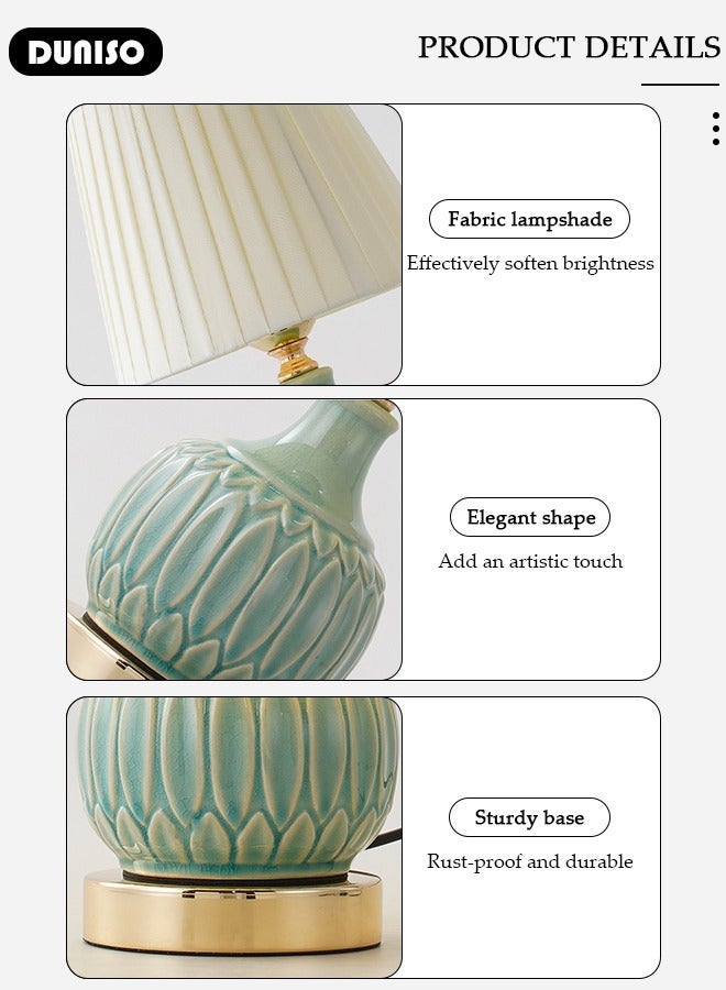Ceramic Table Lamp, Small Bedside Lamp with Linen Shade, Bamboo Leaf Textured Ceramic Base, Desk Lamp with Push Button Switch, Modern Nightstand Lamp for Bedroom Living Room Reading Room - Image 2
