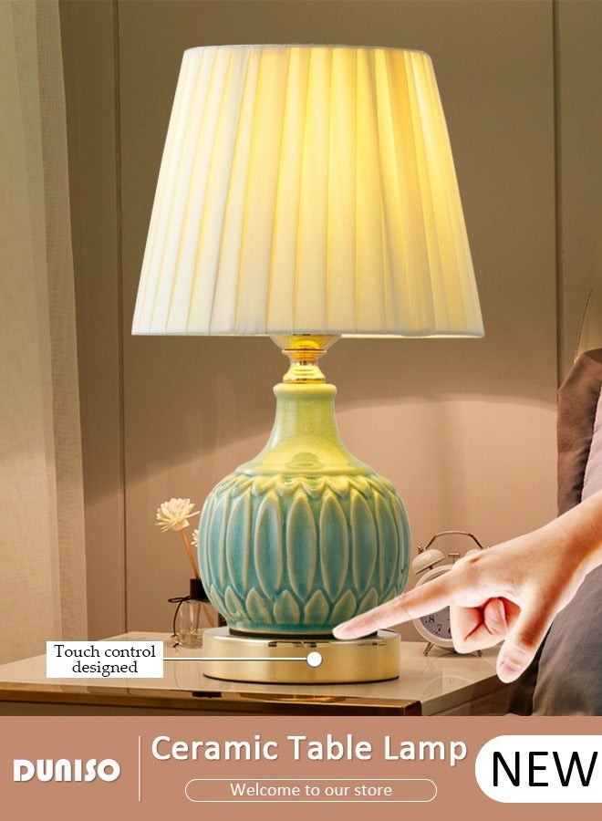 Ceramic Table Lamp, Small Bedside Lamp with Linen Shade, Bamboo Leaf Textured Ceramic Base, Desk Lamp with Push Button Switch, Modern Nightstand Lamp for Bedroom Living Room Reading Room - Image 1