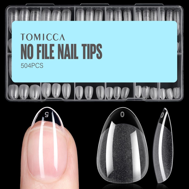 TOMICCA Short Almond Nail Tips, 504Pcs Soft Acrylic Nail Tips, 12 Sizes Pre-Shaped Half Matte Fake Clear Gelly Tips, Press on Acrylic Nails for Nail Extension DIY Nail Salon - Image 1