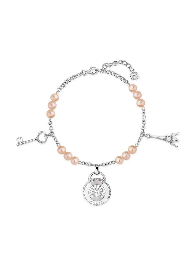 Saint Honore Paris Zoe Silver Bracelet with Hanging Charm and Pink Pearls for Women's
