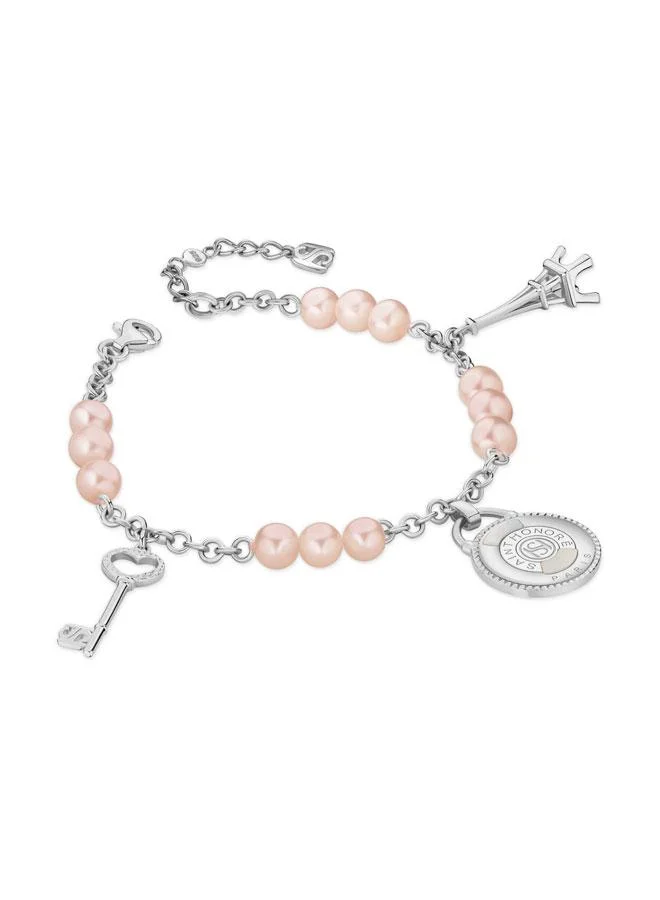 Saint Honore Paris Zoe Silver Bracelet with Hanging Charm and Pink Pearls for Women's