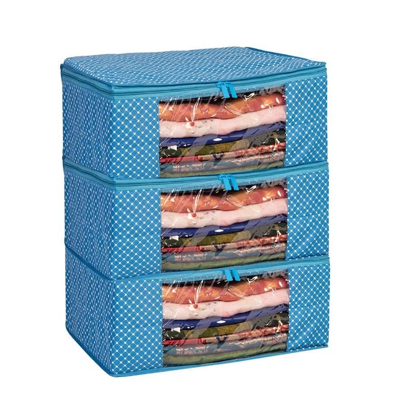 Homestrap set of 3 Cotton Quilted 3 Layered Foldable Saree Covers/Clothes Storage Bag/Wardrobe Organizer With Transparent Window And Zip For Lehenga, Suit, Dress,& Accessories (Blue) - Image 1