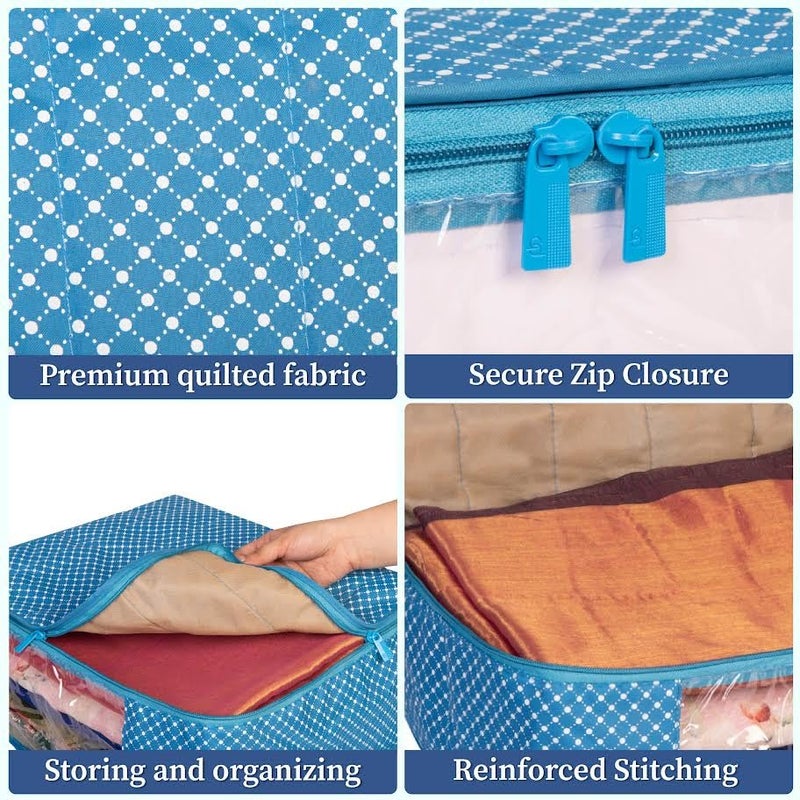 Homestrap set of 3 Cotton Quilted 3 Layered Foldable Saree Covers/Clothes Storage Bag/Wardrobe Organizer With Transparent Window And Zip For Lehenga, Suit, Dress,& Accessories (Blue) - Image 5