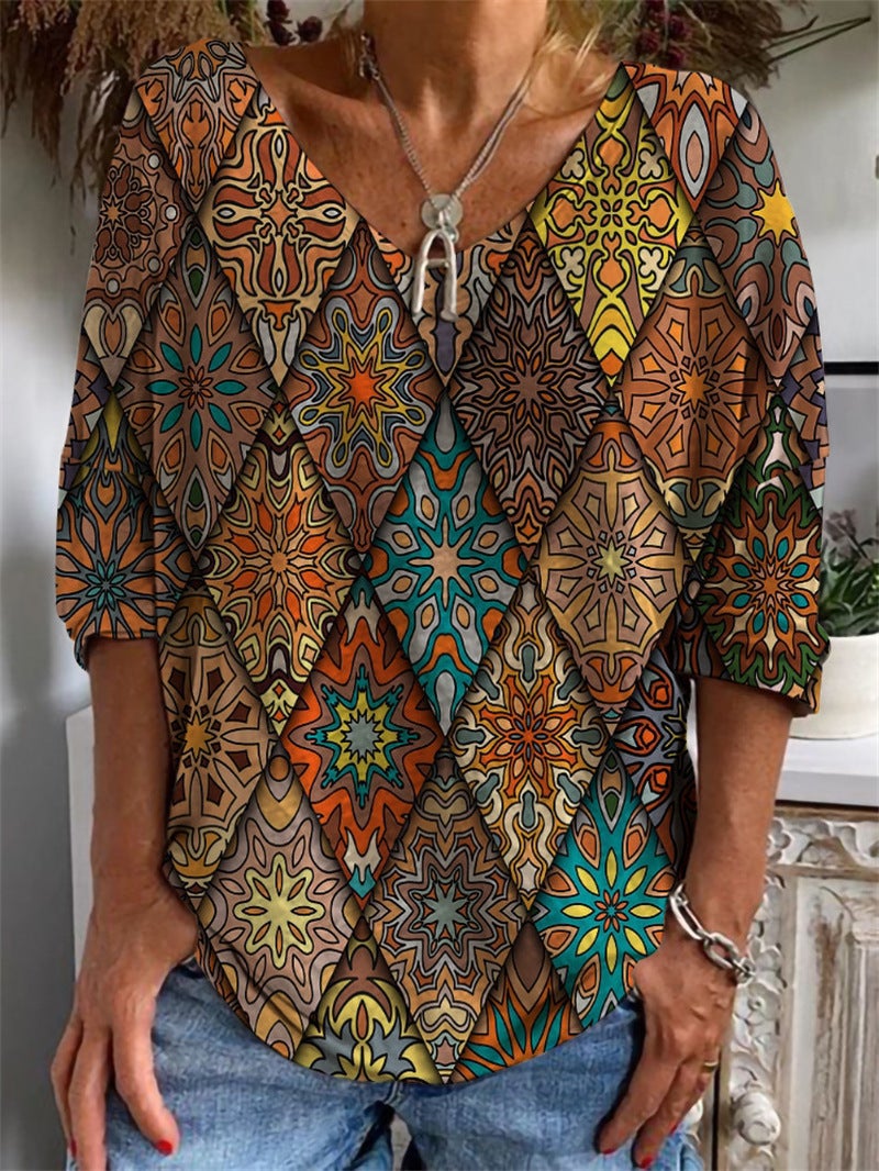 Independent Station Wish2023 Loose Long Sleeve Geometric Pattern 3D Digital Printing V-Neck Half Sleeve T-Shirt For Women - Image 1