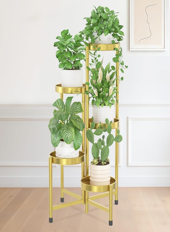 iDavosic.ly Plant Stand Indoor Outdoor, 5 Tier Corner Metal Flower Display Holder Shelf, Easy Assembly Folding Tall Orchid Rack for Patio Balcony Porch Garden Living Room House, Gold - Image 1