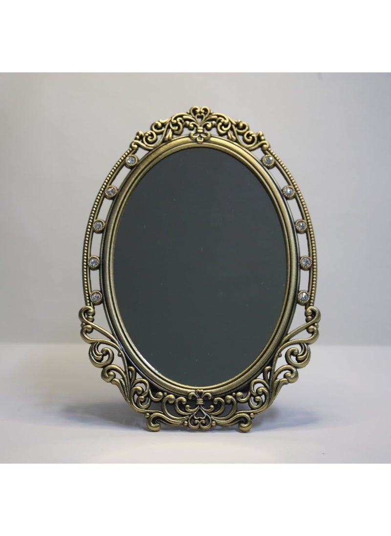SEHAMANO Home SEHAMANO Vintage Oval Frame Makeup Metal Mirror with Crystal, Decorative Back Stand Travel Mirror (Brass (Matt Gold)) 