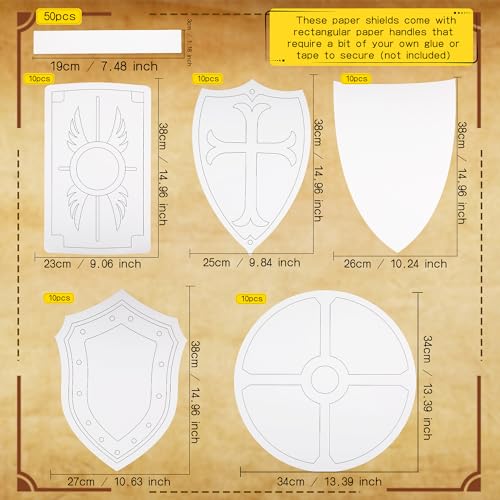 Restroma 50 Pack Kids Paper Knight Shields with Handle DIY White Shields for DIY Craft Halloween Cosplay Party Supplies 5 Styles - Image 5