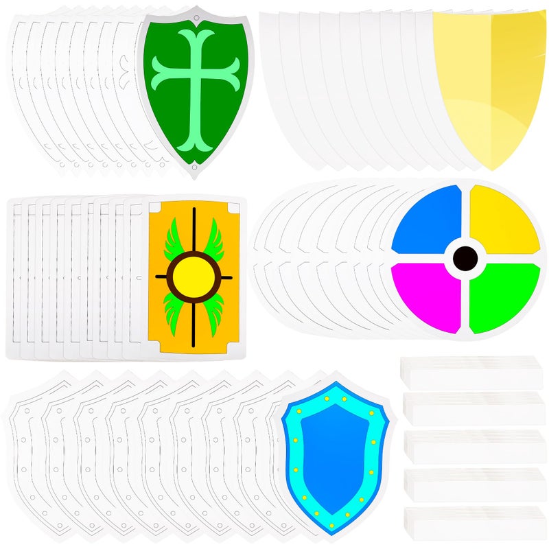 Restroma 50 Pack Kids Paper Knight Shields with Handle DIY White Shields for DIY Craft Halloween Cosplay Party Supplies 5 Styles - Image 3