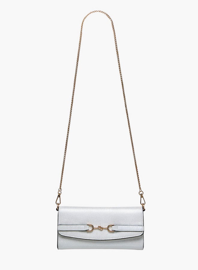 Celeste Metallic Textured Crossbody Bag with Chain Strap and Button Closure - Image 3