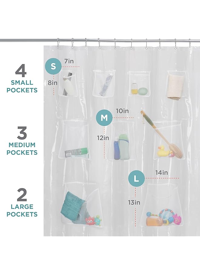 إيروريكس ستارة حمام أو بطانة حمام من مادة بيفا مقاومة للماء مع 9 جيوب تخزين شبكية مقاس 70 بوصة × 72 بوصة منظم حمام شفاف - Image 5