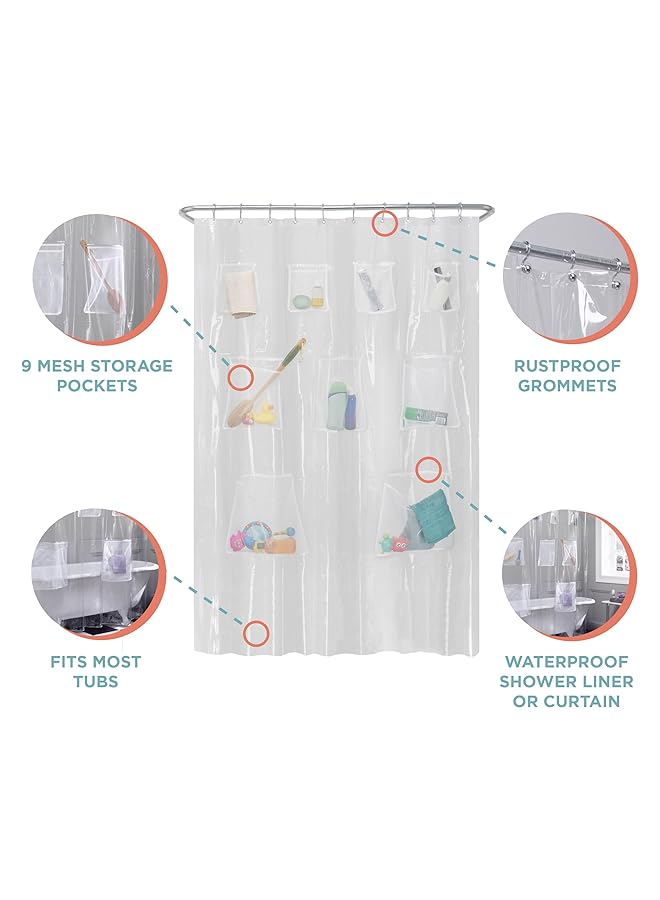 إيروريكس ستارة حمام أو بطانة حمام من مادة بيفا مقاومة للماء مع 9 جيوب تخزين شبكية مقاس 70 بوصة × 72 بوصة منظم حمام شفاف - Image 3