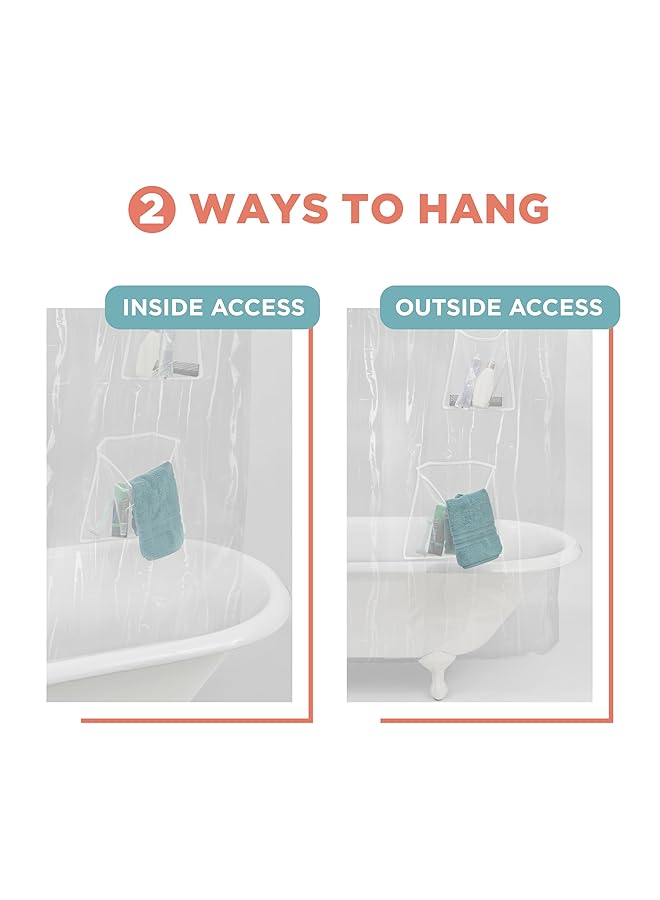 إيروريكس ستارة حمام أو بطانة حمام من مادة بيفا مقاومة للماء مع 9 جيوب تخزين شبكية مقاس 70 بوصة × 72 بوصة منظم حمام شفاف - Image 4