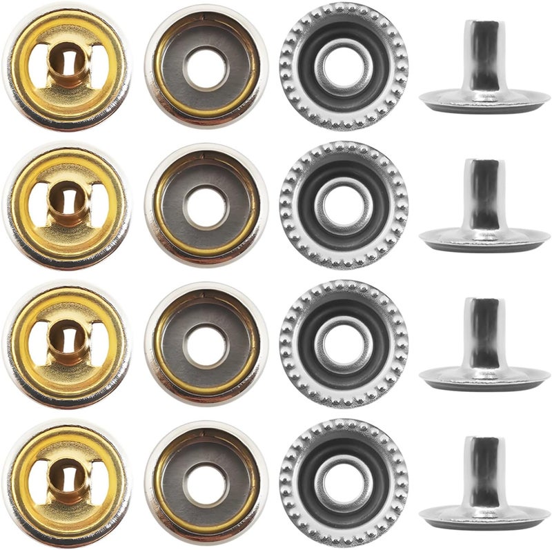 160 Pcs Brass Snap Fasteners, 0.6 Inches Metal Buttons for Clothing, Leather, Canvas - DIY Sewing Accessories for Jackets, Coats, Boat Covers, 4-Part Design for Secure Attachment - Image 1