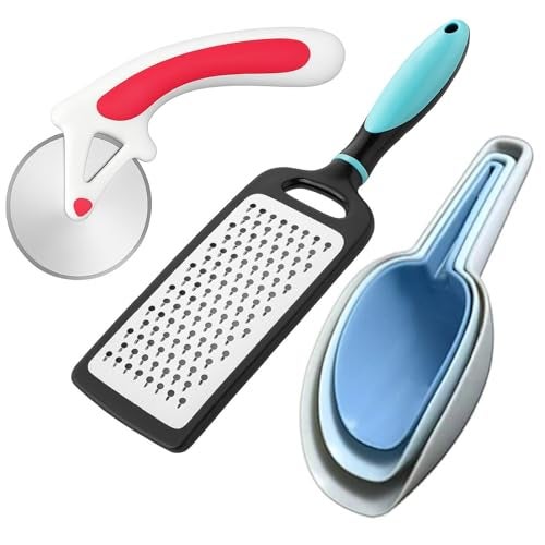 MOBDESK [ Combo Set ] Space-saving Nesting Scoop | Multi-function Cheese Grater | Sharp Rotary Pizza Cutter | Dishwasher Safe Cooking Tools | Shredding Cold Butter, Slicing Pizza, Scooping Sugar, Rice - Image 1