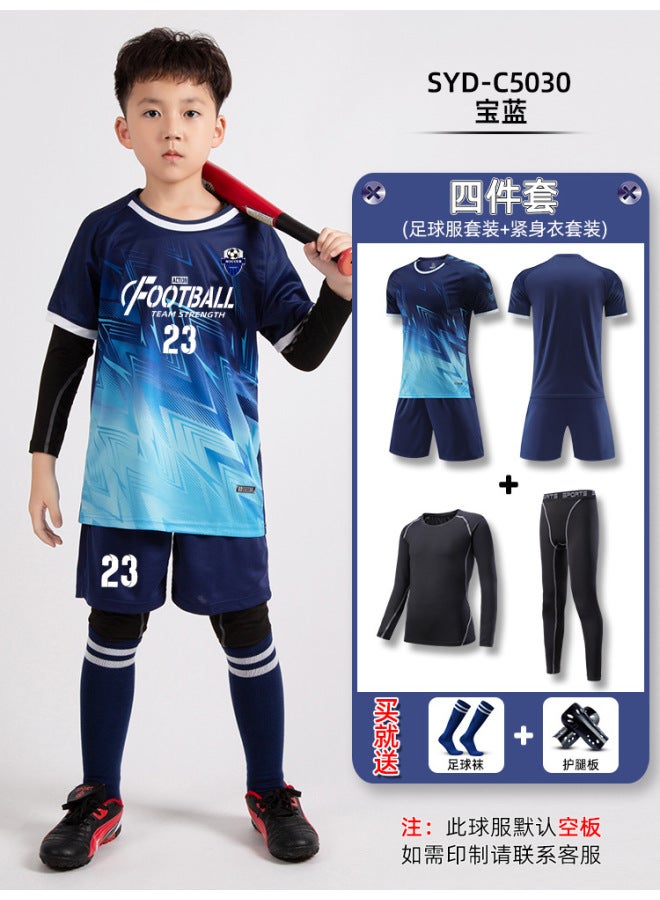 Men's and Children's Football Jersey Set - Short Sleeve Competition Training Team Sportswear, Sapphire Blue (Set of Four)