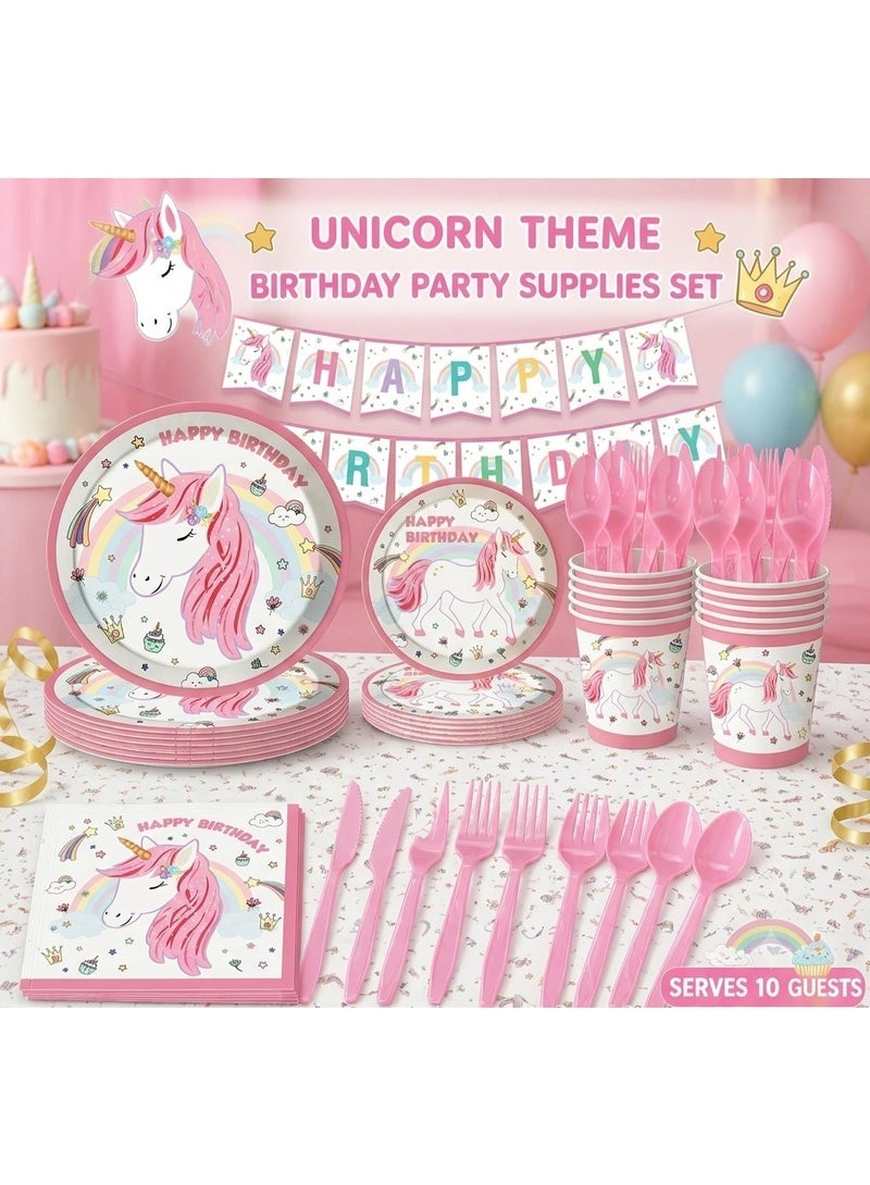 Unicorn Birthday Party Supplies Set for 10 Guests,  Pink Unicorn Party Decorations Kit with Paper Plates, Cups, Napkins, Tablecloth, Banner, Plastic Forks, Spoons & Knives, Kids Girls Birthday Party Tableware Set - Image 1