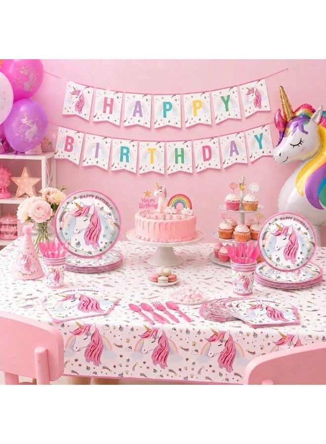 Unicorn Birthday Party Supplies Set for 10 Guests,  Pink Unicorn Party Decorations Kit with Paper Plates, Cups, Napkins, Tablecloth, Banner, Plastic Forks, Spoons & Knives, Kids Girls Birthday Party Tableware Set - Image 4