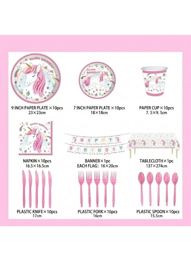 Unicorn Birthday Party Supplies Set for 10 Guests,  Pink Unicorn Party Decorations Kit with Paper Plates, Cups, Napkins, Tablecloth, Banner, Plastic Forks, Spoons & Knives, Kids Girls Birthday Party Tableware Set - Image 2