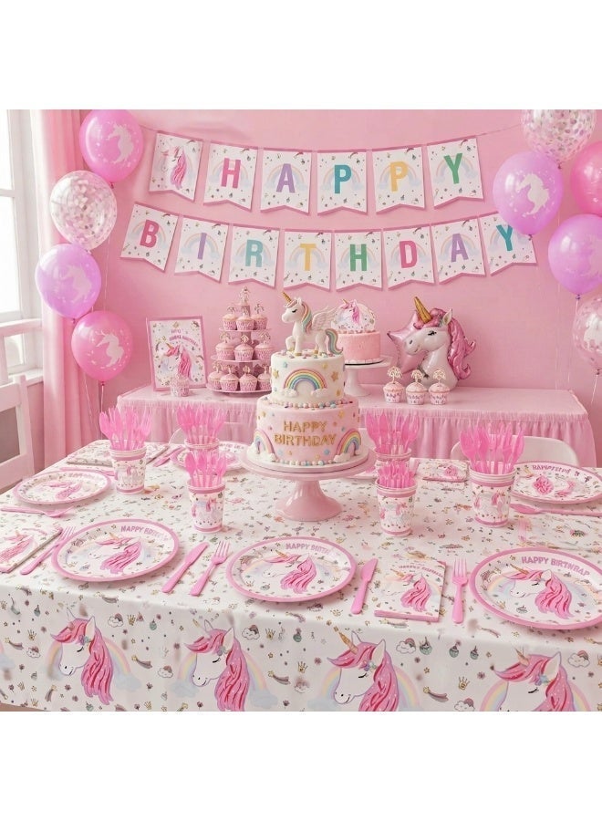 Unicorn Birthday Party Supplies Set for 10 Guests,  Pink Unicorn Party Decorations Kit with Paper Plates, Cups, Napkins, Tablecloth, Banner, Plastic Forks, Spoons & Knives, Kids Girls Birthday Party Tableware Set - Image 3