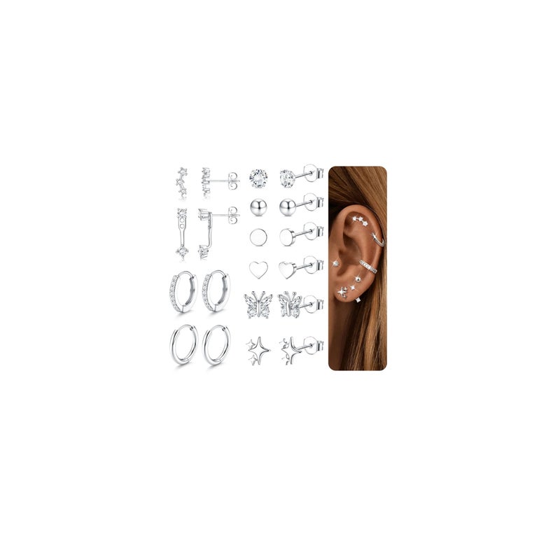 THUNARAZ Sterling Silver Stud Earrings for Women Hypoallergenic Hoop Earrings Studs Cartilage Earring Sets for Multiple Piercing 20G Dainty Heart Butterfly Star CZ Stud Earring Stacks for Women Trendy - Image 1