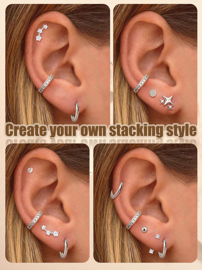 THUNARAZ Sterling Silver Stud Earrings for Women Hypoallergenic Hoop Earrings Studs Cartilage Earring Sets for Multiple Piercing 20G Dainty Heart Butterfly Star CZ Stud Earring Stacks for Women Trendy - Image 4
