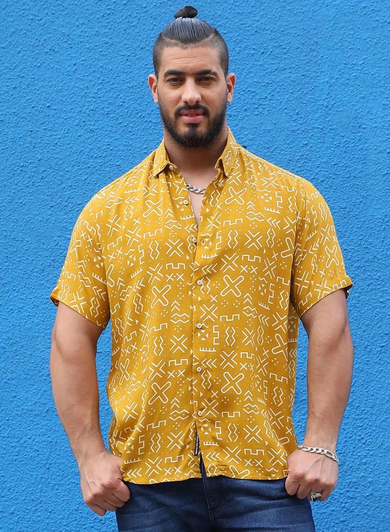 Instafab Plus Instafab Plus Men's Mustard Yellow Minimal Aztec Shirt For Casual Wear | Spread Collar | Short Sleeve | Button Closure | Heavy Rayon Shirt Crafted With Comfort Fit For Everyday Wear