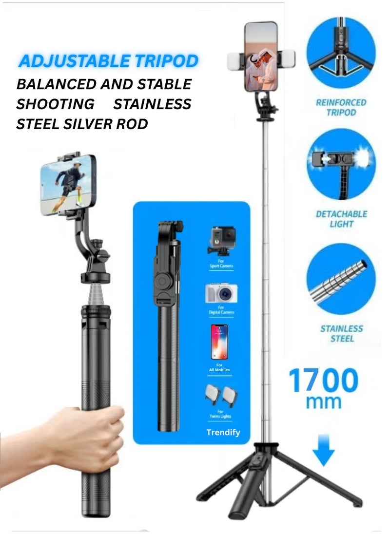 Trendify - 170cm Phone Tripod Selfie Stick, All-in-1 Phone Tripod Stand with Remote,Portable,Lightweight Tripod for for Selfies/Live/Video Recording/Travel-Black - Image 1